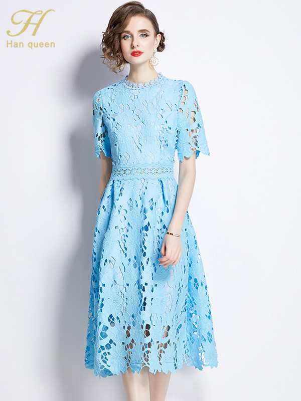H Han Queen 2024. Nove ljetne haljine Ženska elegantna odjeća Izdubljena uredska čipkana haljina Modna uska midi ležerna haljina za zabavu