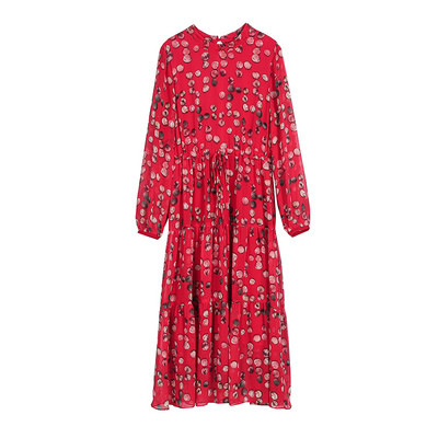 Buline șifon imprimeu rochie vintage elegantă de damă cu mânecă lungă linie A cu talie elastică cu dantelă Rochii la jumătatea gambei pentru femei primăvară