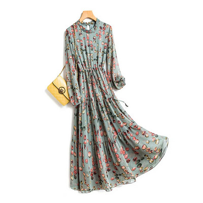 Buline șifon imprimeu rochie vintage elegantă de damă cu mânecă lungă linie A cu talie elastică cu dantelă Rochii la jumătatea gambei pentru femei primăvară