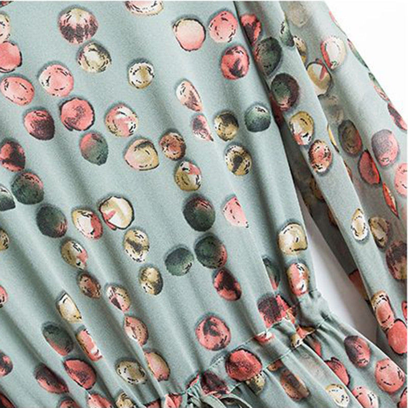 Buline șifon imprimeu rochie vintage elegantă de damă cu mânecă lungă linie A cu talie elastică cu dantelă Rochii la jumătatea gambei pentru femei primăvară