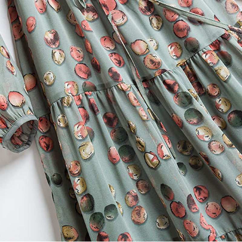 Buline șifon imprimeu rochie vintage elegantă de damă cu mânecă lungă linie A cu talie elastică cu dantelă Rochii la jumătatea gambei pentru femei primăvară