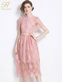 H Han Queen 2024 Retro õõnsate pitsidega suvekleidid Midi Vestidos Moodsad lühikeste varrukatega A-joon vabaaja kontoripeokleit naistele