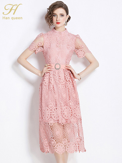 H Han Queen 2024 Retro õõnsate pitsidega suvekleidid Midi Vestidos Moodsad lühikeste varrukatega A-joon vabaaja kontoripeokleit naistele