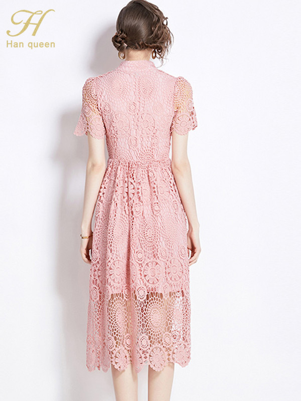 H Han Queen 2024 Retro õõnsate pitsidega suvekleidid Midi Vestidos Moodsad lühikeste varrukatega A-joon vabaaja kontoripeokleit naistele