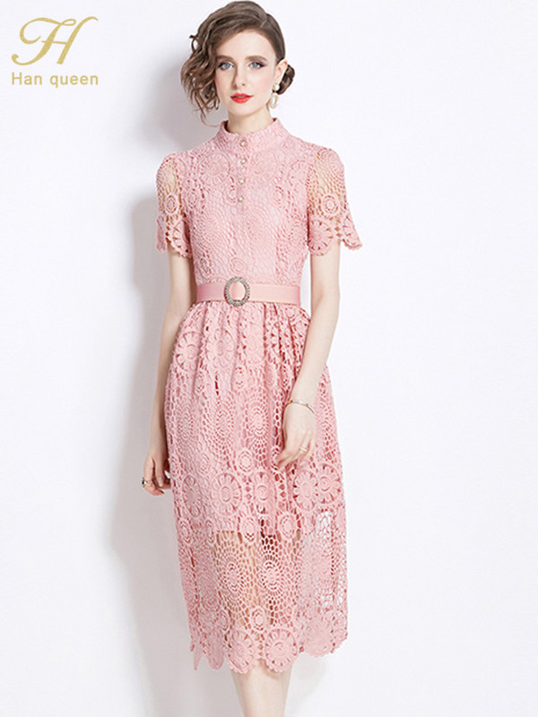 H Han Queen 2024 Retro õõnsate pitsidega suvekleidid Midi Vestidos Moodsad lühikeste varrukatega A-joon vabaaja kontoripeokleit naistele