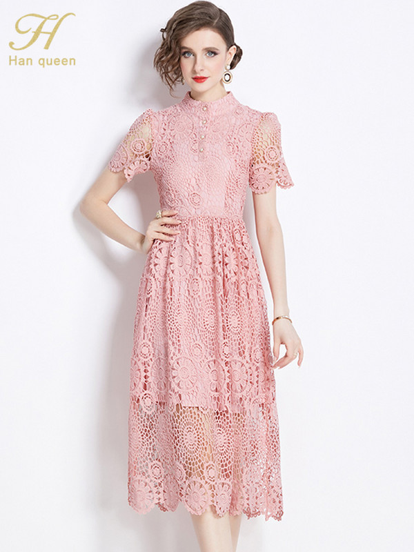 H Han Queen 2024 Retro õõnsate pitsidega suvekleidid Midi Vestidos Moodsad lühikeste varrukatega A-joon vabaaja kontoripeokleit naistele