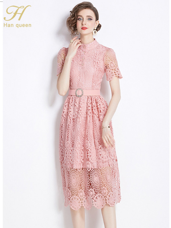 H Han Queen 2024 Retro õõnsate pitsidega suvekleidid Midi Vestidos Moodsad lühikeste varrukatega A-joon vabaaja kontoripeokleit naistele