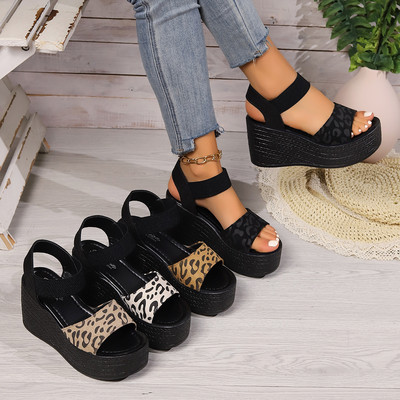 Női Wedge magassarkú Peep Toe szandál Leopard Platform szandál Női vastag talpú nyári cipő Espadrilles Zapatillas Mujer