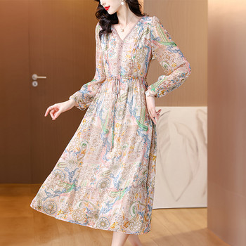 2024 Нова копринена щампована пола от висок клас Пролет/Лято Модна фрагментирана рокля на цветя Дамски френски свободни тесни ваканционни vestidos
