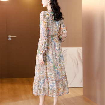 2024 Нова копринена щампована пола от висок клас Пролет/Лято Модна фрагментирана рокля на цветя Дамски френски свободни тесни ваканционни vestidos