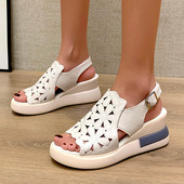 Γυναικεία καλοκαιρινή πλατφόρμα άνεσης Χοντρό τακούνι με σφήνα πέδιλα με τακούνι Άνετα δερμάτινα σανδάλια Peep Toe Beach Shoes Outdoor Slides