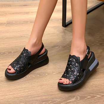 Дамски летни комфортни сандали на платформа с едър ток и клиновидни токчета Удобни кожени сандали с отворени пръсти Плажни обувки Външни пързалки