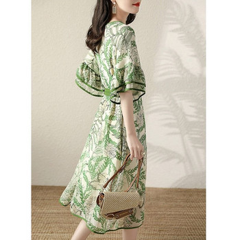 Ново лято 2023 г. Елегантна декорация с връзки и лотосови листа с къс ръкав Женска превръзка с щампа с V-образно деколте Зелена рокля със средна дължина