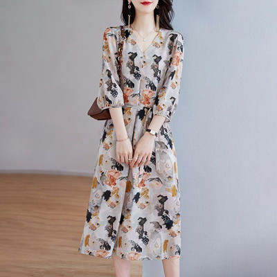 Suvine uus V-kaelusega vintage lilledega trükitud pitsiline Midi-mantel Naiste 3/4 varrukatega vabaaja moodne vöökoht Vestidos naiste elegantne kleit