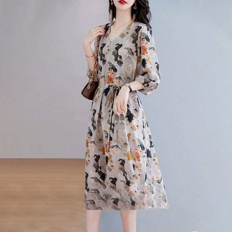 Suvine uus V-kaelusega vintage lilledega trükitud pitsiline Midi-mantel Naiste 3/4 varrukatega vabaaja moodne vöökoht Vestidos naiste elegantne kleit