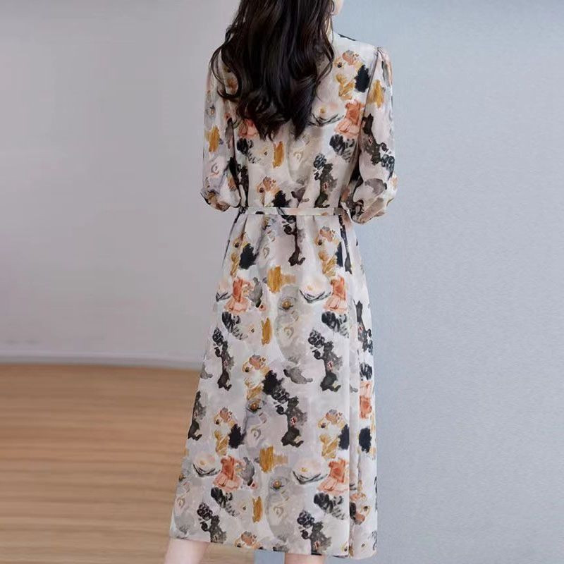 Suvine uus V-kaelusega vintage lilledega trükitud pitsiline Midi-mantel Naiste 3/4 varrukatega vabaaja moodne vöökoht Vestidos naiste elegantne kleit