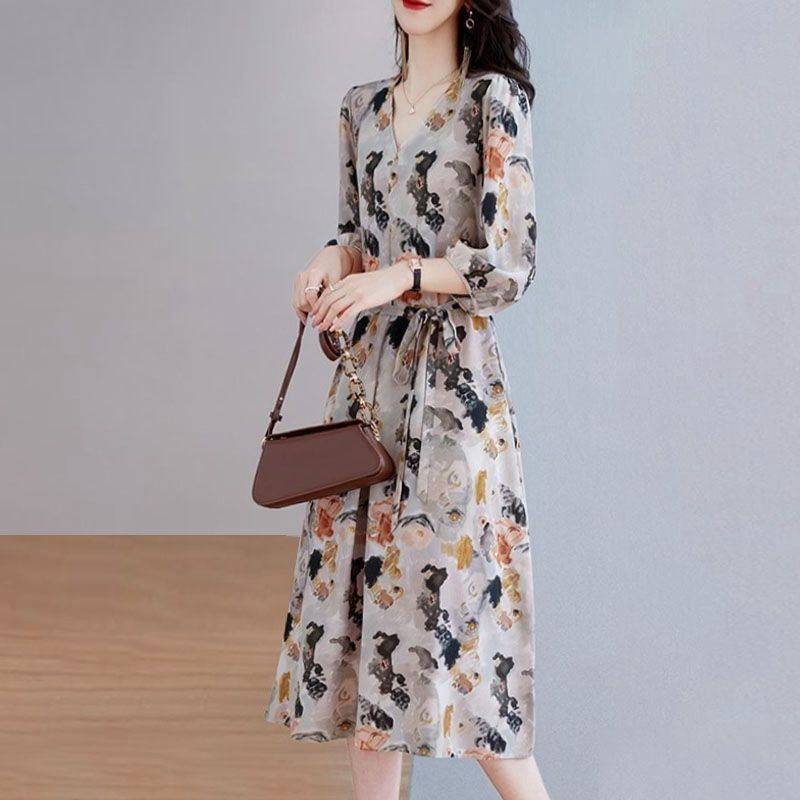 Suvine uus V-kaelusega vintage lilledega trükitud pitsiline Midi-mantel Naiste 3/4 varrukatega vabaaja moodne vöökoht Vestidos naiste elegantne kleit