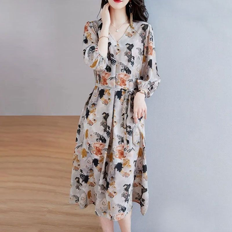 Suvine uus V-kaelusega vintage lilledega trükitud pitsiline Midi-mantel Naiste 3/4 varrukatega vabaaja moodne vöökoht Vestidos naiste elegantne kleit