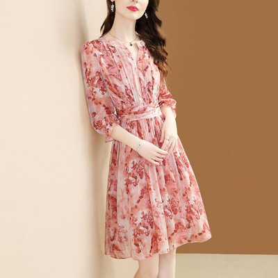 Noua modă de vară, elegantă, rochie din șifon cu imprimeu floral, pentru dama, subțire, ocazională, cu talie, rochie temperament pentru femei.