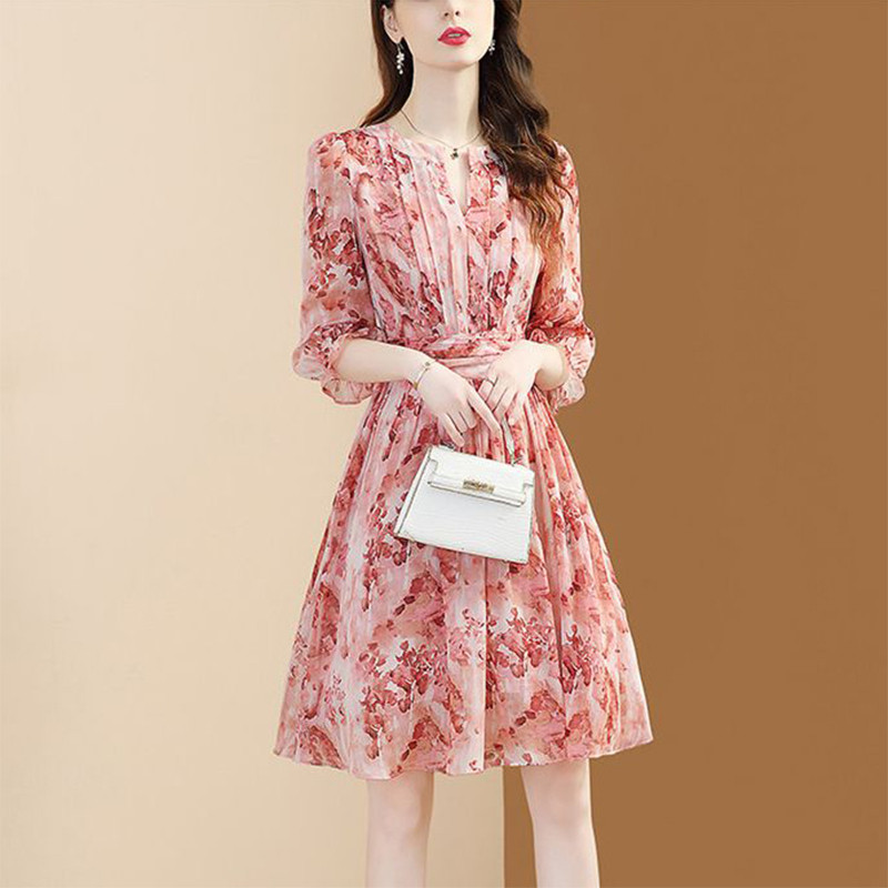 Noua modă de vară, elegantă, rochie din șifon cu imprimeu floral, pentru dama, subțire, ocazională, cu talie, rochie temperament pentru femei.