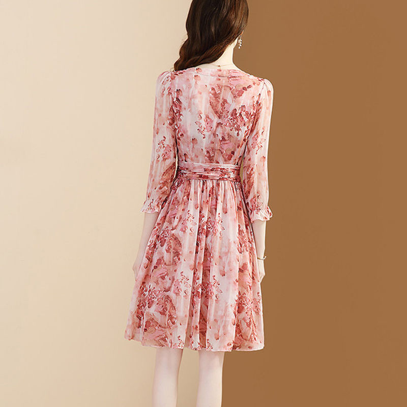 Noua modă de vară, elegantă, rochie din șifon cu imprimeu floral, pentru dama, subțire, ocazională, cu talie, rochie temperament pentru femei.