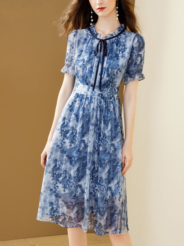 EVNISI naiste vabaaja šifoonist kleidiprindiga õhuke elegantne kontori daam Bow lillelised Midi sinised peokleidid naistele 2024. aasta suvi