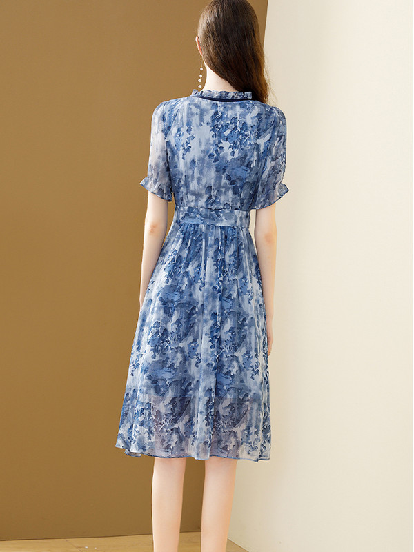 EVNISI naiste vabaaja šifoonist kleidiprindiga õhuke elegantne kontori daam Bow lillelised Midi sinised peokleidid naistele 2024. aasta suvi