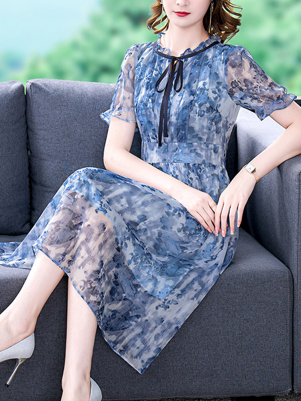 EVNISI naiste vabaaja šifoonist kleidiprindiga õhuke elegantne kontori daam Bow lillelised Midi sinised peokleidid naistele 2024. aasta suvi