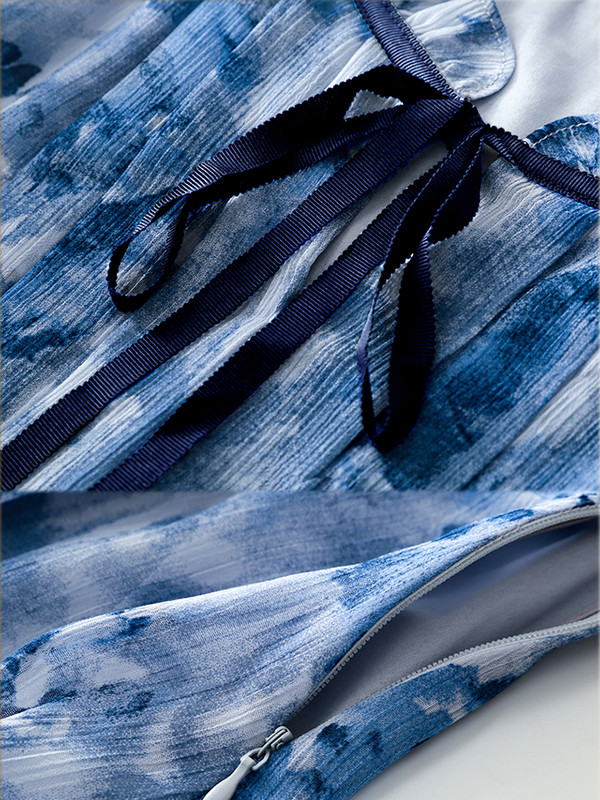 EVNISI naiste vabaaja šifoonist kleidiprindiga õhuke elegantne kontori daam Bow lillelised Midi sinised peokleidid naistele 2024. aasta suvi