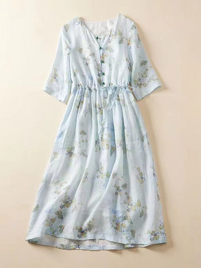 Γυναικείο φόρεμα με βαμβακερό floral print 2023 Νέο καλοκαιρινό κομψό, κομψά φορέματα για διακοπές στην παραλία με κορδόνια Bohemian Midi Sundress Femme