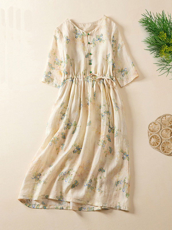 Γυναικείο φόρεμα με βαμβακερό floral print 2023 Νέο καλοκαιρινό κομψό, κομψά φορέματα για διακοπές στην παραλία με κορδόνια Bohemian Midi Sundress Femme