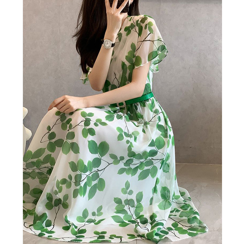 Naiste suvise lehtede printimine šikk vöö Elegantne peokleit Moodne V-kaelusega lühikeste varrukatega õhuke puhkus rannas Midi kleit Vestidos