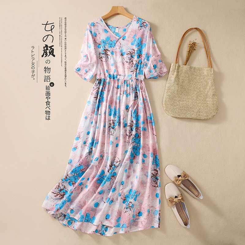 Νέα άφιξη 2024 Λεπτό ελαφρύ, μαλακό βαμβακερό τύπωμα φλοράλ vintage καλοκαιρινό φόρεμα Λεπτή μέση μόδα Γυναικείο μίντι φόρεμα