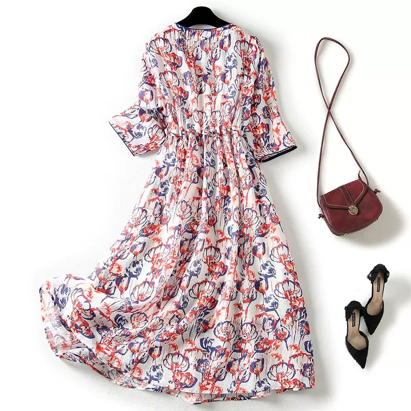 Vintage γυναικεία φορέματα με μονόστομο V λαιμόκοψη με μισό μανίκι Λογοτεχνία Τσέπες με κορδόνια Γυναικεία μακρύ φόρεμα Vestidos Para Mujer