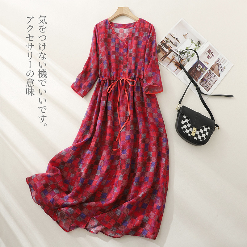 Vintage γυναικεία φορέματα με μονόστομο V λαιμόκοψη με μισό μανίκι Λογοτεχνία Τσέπες με κορδόνια Γυναικεία μακρύ φόρεμα Vestidos Para Mujer