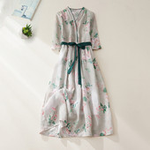 Sieviešu 2024. gada vasaras modes retro kleita ar ziediem ar īsām piedurknēm Sieviešu kokvilnas lina, brīva Vestidos sieviešu kleita ar garu V veida kakla izgriezumu C99