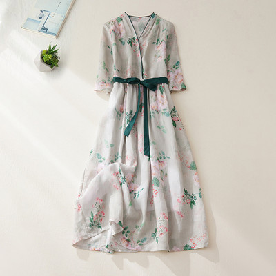 Sieviešu 2024. gada vasaras modes retro kleita ar ziediem ar īsām piedurknēm Sieviešu kokvilnas lina, brīva Vestidos sieviešu kleita ar garu V veida kakla izgriezumu C99