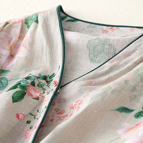 Sieviešu 2024. gada vasaras modes retro kleita ar ziediem ar īsām piedurknēm Sieviešu kokvilnas lina, brīva Vestidos sieviešu kleita ar garu V veida kakla izgriezumu C99