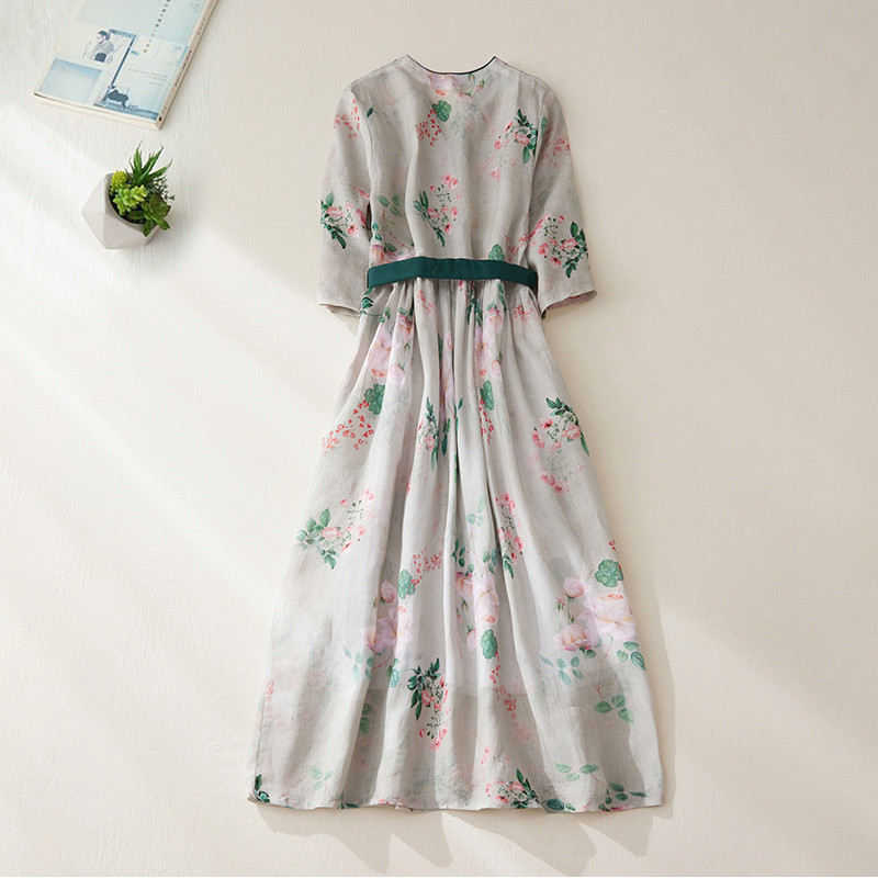 Sieviešu 2024. gada vasaras modes retro kleita ar ziediem ar īsām piedurknēm Sieviešu kokvilnas lina, brīva Vestidos sieviešu kleita ar garu V veida kakla izgriezumu C99