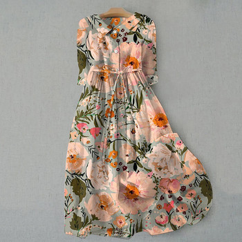 Дамска бохемска рокля с флорални щампи с ревер с половин ръкав и връзки, едноредова рокля с една линия, дамска елегантна широка миди рокля