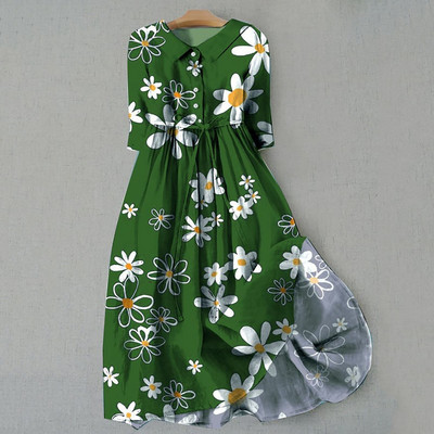 Bohém női ruha virágmintás, fél ujjú, hajtókás, fűzős, egysoros, egysoros női ruha Elegáns bő midi ruha