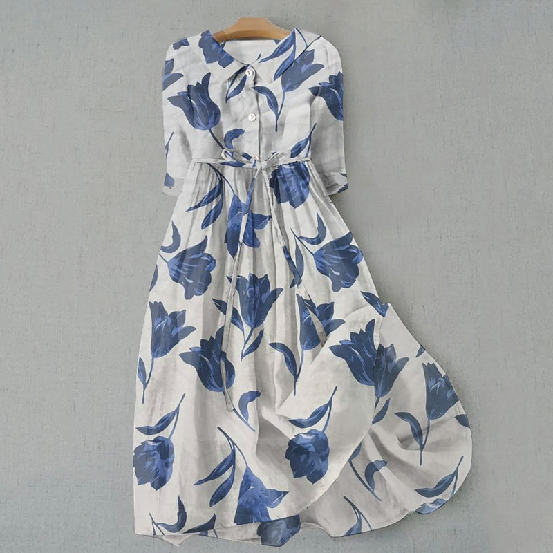 Bohém női ruha virágmintás, fél ujjú, hajtókás, fűzős, egysoros, egysoros női ruha Elegáns bő midi ruha