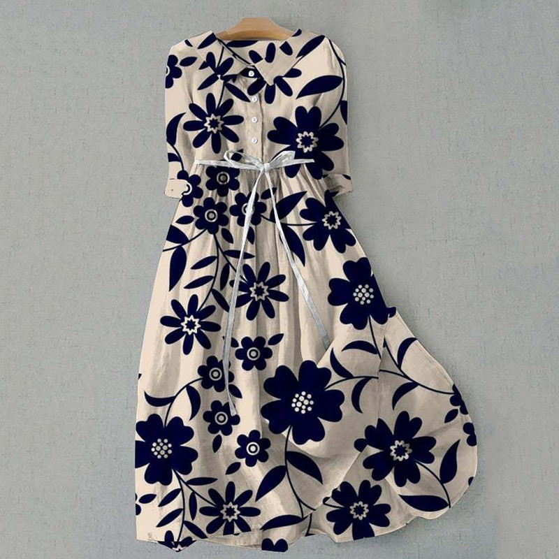 Bohém női ruha virágmintás, fél ujjú, hajtókás, fűzős, egysoros, egysoros női ruha Elegáns bő midi ruha