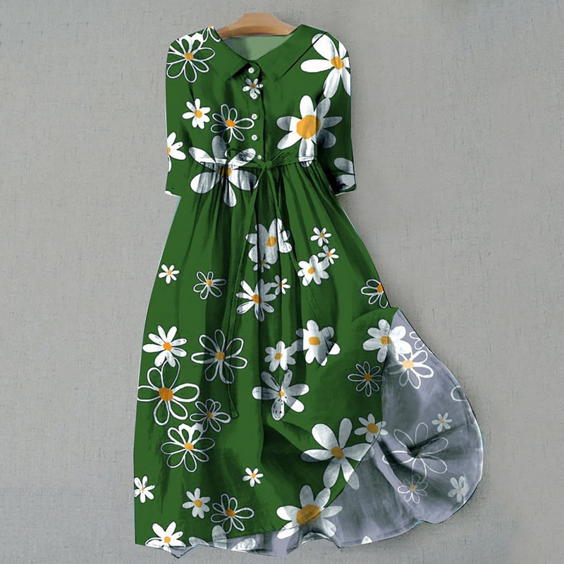 Bohém női ruha virágmintás, fél ujjú, hajtókás, fűzős, egysoros, egysoros női ruha Elegáns bő midi ruha