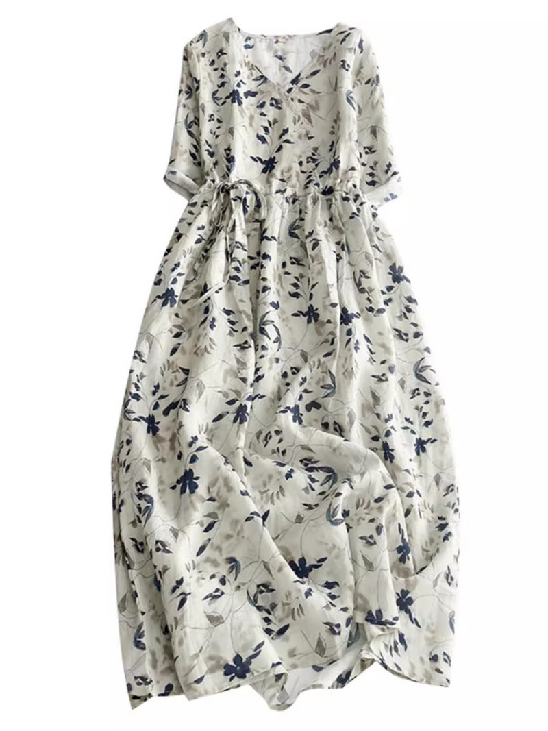 Νέο καλοκαιρινό sundress 2024 με κοντό μανίκι με λαιμόκοψη Γυναικεία φλοράλ μίντι φορέματα A-Line Vintage Beach Party Dress Vestidos