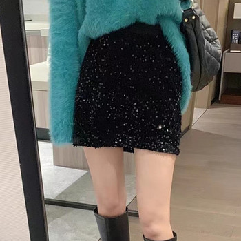 Удобна модна гореща къса пола Пола с пайети Микроеластична полиестерна едноцветна многофункционална елегантна висока талия