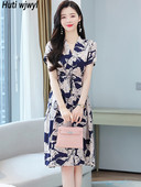 Proljeće ljeto Midi haljina kratkih rukava s V-izrezom Ženska modna ležerna vintage haljina 2024., korejski elegantni donji dio za zabavu