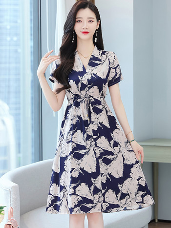 Миди рокля с щампа пролет-лято с къс ръкав и V-образно деколте Дамска модна ежедневна ретро рокля 2024 г. Корейско елегантно по тялото парти Vestidos
