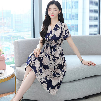 Proljeće ljeto Midi haljina kratkih rukava s V-izrezom Ženska modna ležerna vintage haljina 2024., korejski elegantni donji dio za zabavu