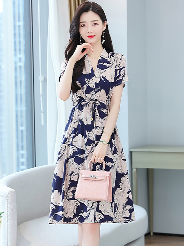 Proljeće ljeto Midi haljina kratkih rukava s V-izrezom Ženska modna ležerna vintage haljina 2024., korejski elegantni donji dio za zabavu